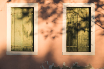 Concrete wall with closed shutters on windows and trees shadows. Surface texture. Typical italian venetian window. Abstract grunge bright color background with aging effect. Copyspace.