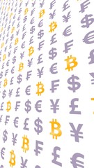 Bitcoin and currency on a white background. Digital crypto currency symbol. Wave effect, currency market fluctuations. Business concept. 3D illustration