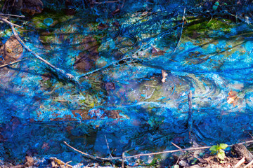 a creek polluted with blue paint. Environmental Protection.