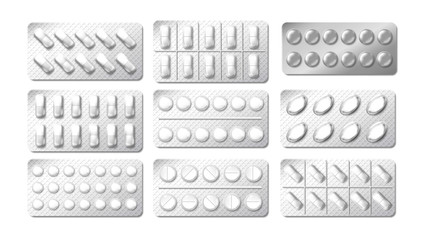Realistic 3d drugs blister packaging. Medicine painkiller pills Pack. Illustration of chemical tablet vitamin or painkiller in blister isolated on white. Vector - obrazy, fototapety, plakaty