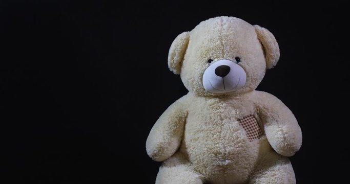 A lively toy bear bewildered looking around on a black studio background with dramatic light and free space for inscription.