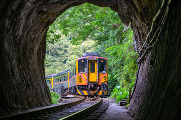 Train with Tunnel of Pingxi Line, Taiwan - Single-track railway branch line of the Taiwan Railway...