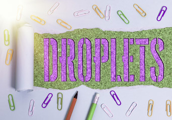 Conceptual hand writing showing Droplets. Concept meaning very small drop of a liquid can be found...