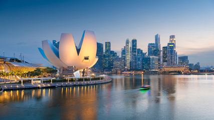 Singapore skyline at the Marina during twilight.