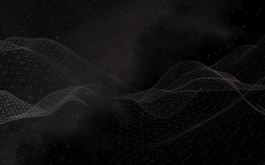 Black abstract background. Hi tech network. Cyberspace grid. Outer space. Starry outer space texture. 3D illustration