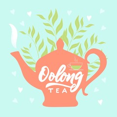 Template of package with hand draw teapot, text oolong tea, vapor, leaves, hearts blue background. Vector