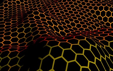 Honeycomb wave effect on a red yellow background. Perspective view on polygon look like honeycomb. Isometric geometry. 3D illustration