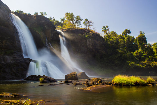 Athirappilly waterfall as seen from the top and bottom of the waterfall, it is a popular tourist place in Kerala and also featured in many movies as an exotic location.