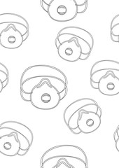 Seamless pattern with medical masks or respirator, outline vector stock illustration or coloring page with face mask and breathing valve on a white background