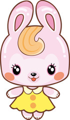 cute pink bunny in kawaii style yellow dress, isolated object on white background, vector illustration,