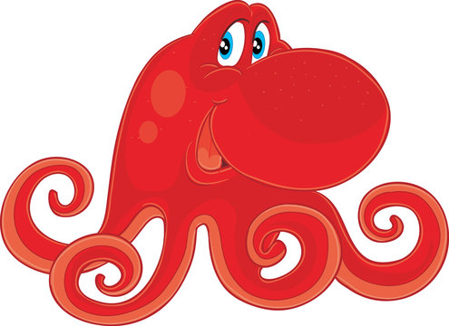 cute red octopus with big eyes, cartoon illustration, isolated object on a white background, vector illustration,
