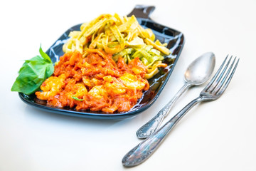 Pasta with Shrimps Dinner Dish on a the table