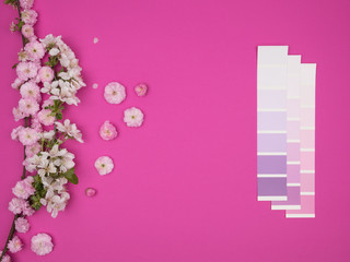 The blossoming branch of the almondist is decorative and the color palette on a pink background.