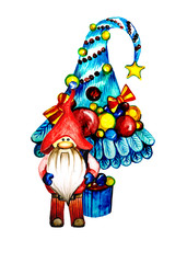 Children's Christmas illustration of a gnome with a Christmas tree on a white background. Design element. Watercolor