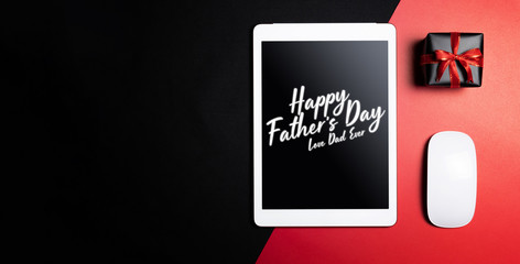 Happy Father's Day background concept with  mouse, laptop, tablet and gift box