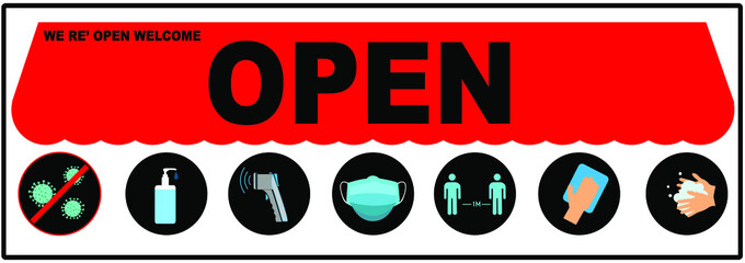 REOPENING text and practical prevention tips for the prevention of COVID19 coronavirus contamination. Service, restaurant, shop and cafe re-opening. Template: door sign, banner, blog.