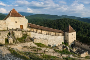 Interior courtyard of the Rasnov Fortress in summer. View from the top. Brasov County, Romania