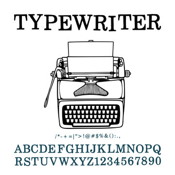Typewriter. Hand drawn outline retro typewriter vector illustration and typewritten font. Part of set.