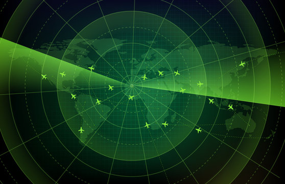 abstract background of futuristic technology screen scan flight radar airplane route path with world maps