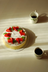 Japanese cheesecake with strawberries and basil