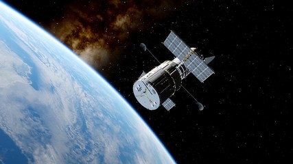 Hubble telescope in orbit of the Earth, Hubble Space Telescope 3d render. © Aleksandr