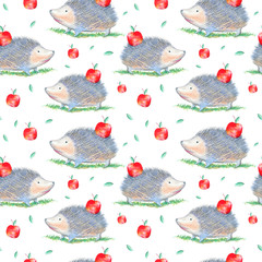Seamless pattern of a hedgehog and apple. Watercolor hand drawn illustration.White background.   © jula_lily