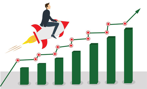 A businessman on rocket achieving business growth and profit