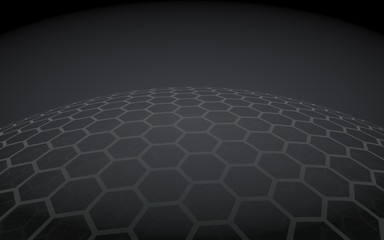 Multilayer sphere of honeycombs, blue on a black background, social network, computer network, technology, global network. 3D illustration