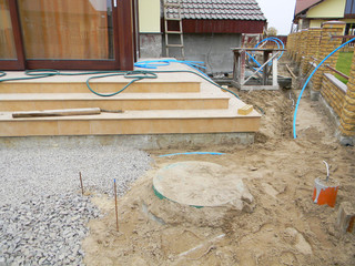 Construction site of a house with unfinished entrance stairs with supply water lines, power lines, ducting, sewer with a manhole buried underground on the backyard of a house.