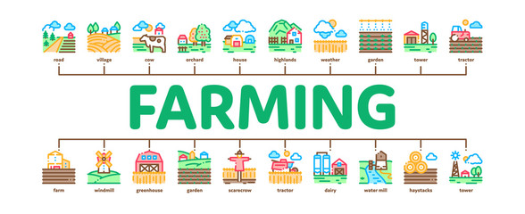 Farming Landscape Minimal Infographic Web Banner Vector. Farming Field And Barn Construction, Mill And Scarecrow, Tractor And Cow Farm Animal Illustration