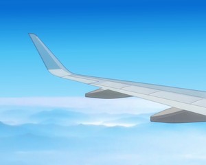 A wing of the airplane flying above the cloud with a blue sky horizon background. Holiday, vacation, and travel concept. Drawing part of the wing of the plane at the inside view from the window.