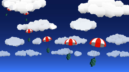 Money falling from the sky, with clouds in background, in wide format. During a financial crisis, governments and welfare agencies offer financial assistance. 