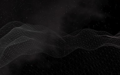 Black abstract background. Hi tech network. Cyberspace grid. Outer space. Starry outer space texture. 3D illustration