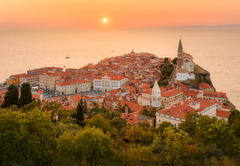 Romantic colorful sunset over picturesque old town Piran, Slovenia