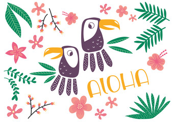 Tropic vibes ALOHA TOUCAN exotic flowers and leaves set 