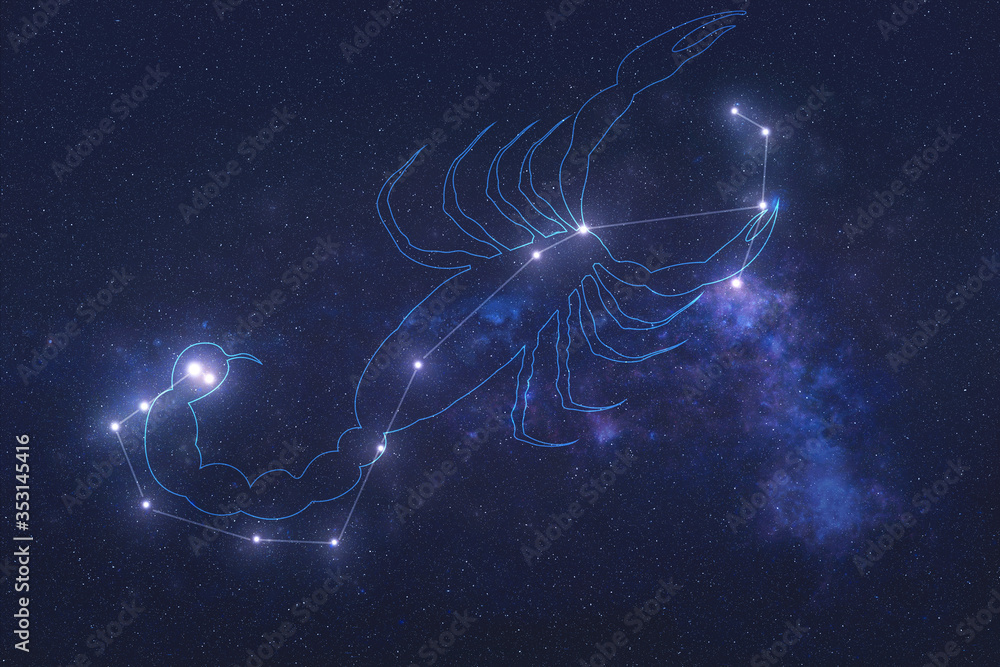 Wall mural scorpio constellation stars in outer space with shape of a scorpio in lines. zodiac sign scorpio con