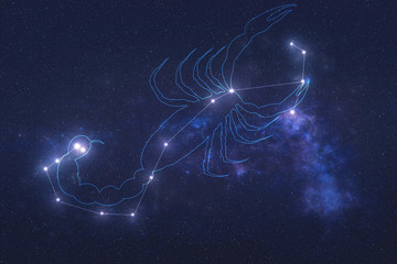 Scorpio Constellation stars in outer space with shape of a scorpio in lines. Zodiac Sign Scorpio constellation lines. Elements of this image were furnished by NASA © ALEXANDR YURTCHENKO