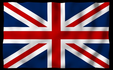 Waving flag of the Great Britain on dark background. British flag. United Kingdom of Great Britain and Northern Ireland. State symbol of the UK. 3D illustration