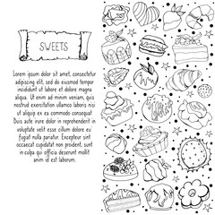 Postcard with sweets. Set with cakes, pastries, cupcakes. Vector isolated illustration for cafe and restaurant menu design. Individual elements with confectionery on a white background. Doodle style.