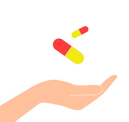 Medicines in the hands. Vector illustration of a flat design style. Healthcare concept. Take painkillers.