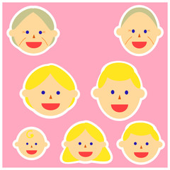 Face icons of Asian, black hair family members. Vector illustrations image. Emotions.