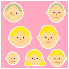 Face icons of Asian, black hair family members. Vector illustrations image. Emotions.