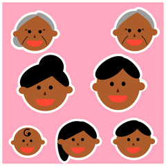 Face icons of Asian, black hair family members. Vector illustrations image. Emotions.