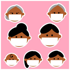 Face icons of Asian, black hair family members. Vector illustrations image. Emotions.