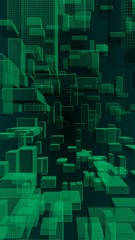 Green and dark abstract digital and technology background. The pattern with repeating rectangles. 3D illustration