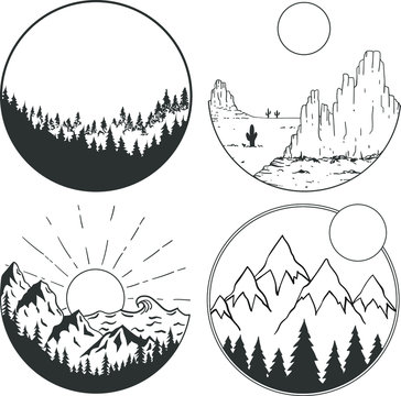 Mountains, sun and clouds and sea inscribed in geometric shapes. Set of black and white vector pattern.