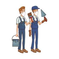 builders couple using medical masks and tools