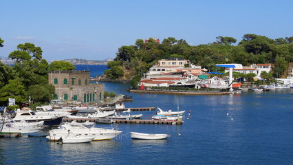 Hafen von Ischia mit Yachten und Booten im Vordergrund - obrazy, fototapety, plakaty