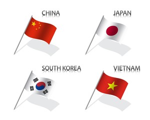 Set of four waving flag of China, Japan, South Korea and Vietnam. Simple symbols with flags isolated on a white background