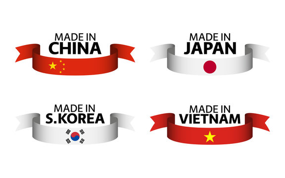 Set of four Chinese, Japanese, South Korean and Vietnamese ribbons. Made in China, Made in Japan, Made in South Korea and Made in Vietnam. Simple symbols with flags isolated on a white background